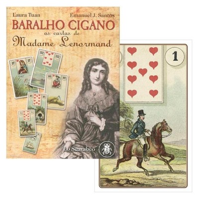 Embalagem e cartas do Baralho Cigano com ilustrações e texto em castanho e bege.