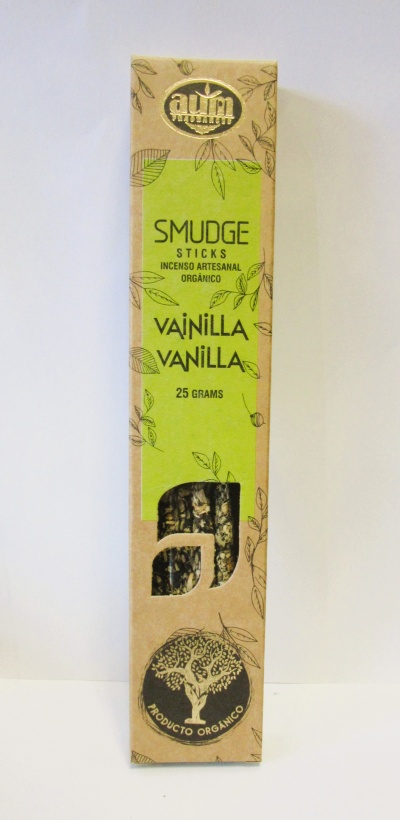 Embalagem de papel castanho para incenso artesanal orgânico aroma baunilha com rótulo verde e ilustrações de folhas.