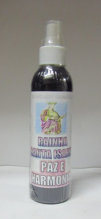 Frasco de spray com rótulo Rainha Santa Isabel Paz e Harmonia