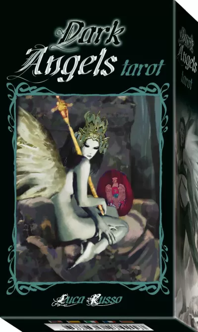 Caixa do baralho Dark Angels tarot com anjo cinza e asas douradas
