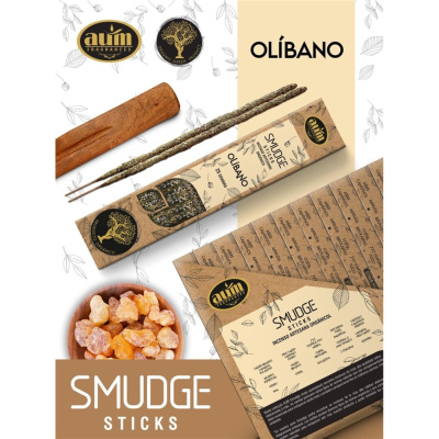 Incenso artesanal Smudge Sticks Olíbano Auim Fragrances com resina e embalagem em tons castanho e bege