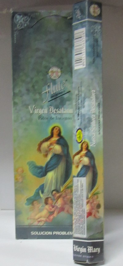 Embalagem de incenso com imagem da Virgem Maria e texto 'Virgen Desatanudos'.