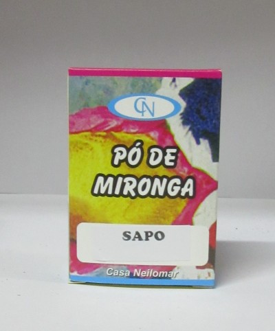 Embalagem colorida de papel com texto PÓ DE MIRONGA SAPO e Casa Neilomar.