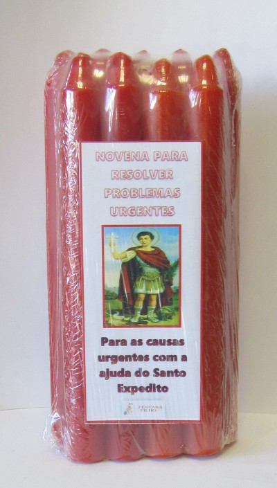 Pacote de velas vermelhas para novena com imagem e texto do Santo Expedito