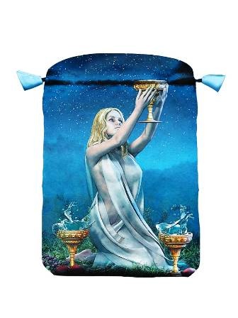 Saco de tecido com ilustração de mulher com taça dourada sobre fundo estrelado