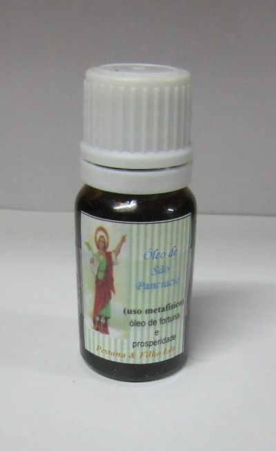 Frasco pequeno de óleo com rótulo de São Pancrácio e tampa branca