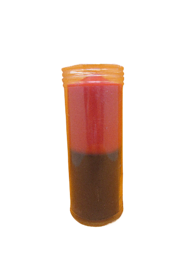 Frasco cilíndrico transparente com tampa laranja contendo objeto vermelho