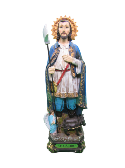 Estátua religiosa de Sto. Isidro com manto azul e auréola dourada