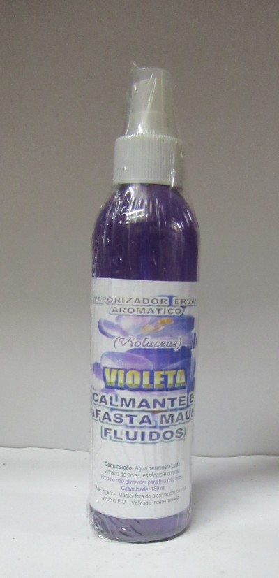 Frasco roxo de vaporzador aromático com rótulo branco e texto em português