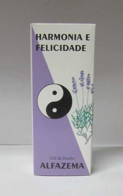 Embalagem de gel de banho alfazema com símbolo yin-yang e ilustração de alfazema