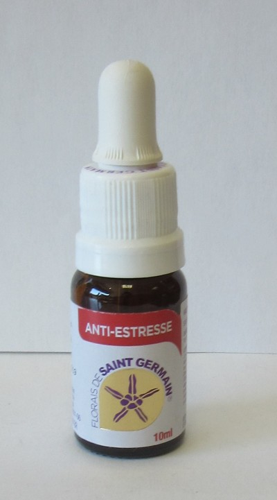 Frasco pequeno com conta-gotas e etiqueta anti-estresse de florais Saint Germain