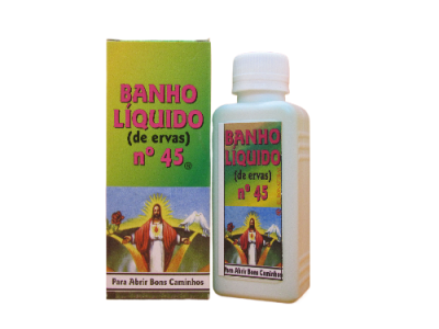 Frasco branco e caixa colorida de Banho Líquido (de ervas) nº 45 com imagem religiosa