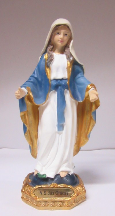 Estátua religiosa N.S. das Graças azul, branca e dourada
