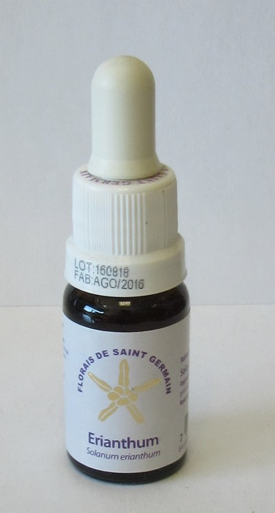 Frasco pequeno de vidro castanho com tampa branca e rótulo branco com texto azul.