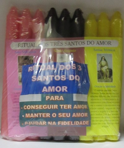 Pacote de velas coloridas com instruções em português para ritual