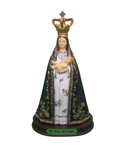 Estatueta religiosa de Nossa Senhora da Lapa com manto verde e coroa dourada
