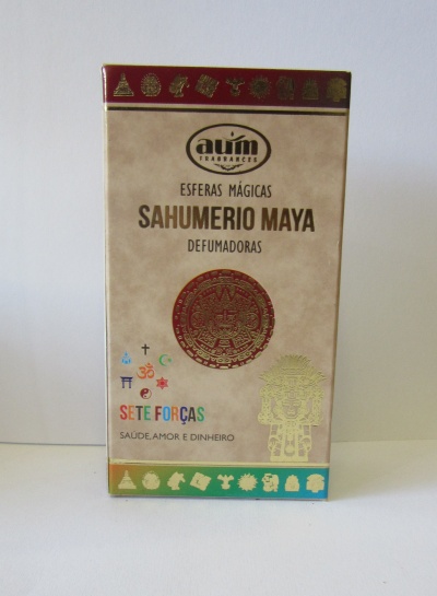 Embalagem bege de esferas mágicas defumadoras Sahumerio Maya da marca Aum com símbolos coloridos