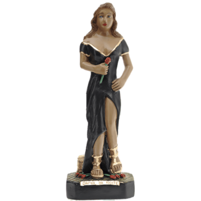 Estátua decorativa mulher com vestido preto e rosa vermelha