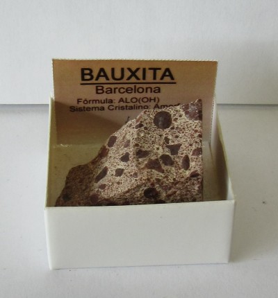 Pedaço de rocha castanha com manchas escuras em caixa branca com cartão informativo