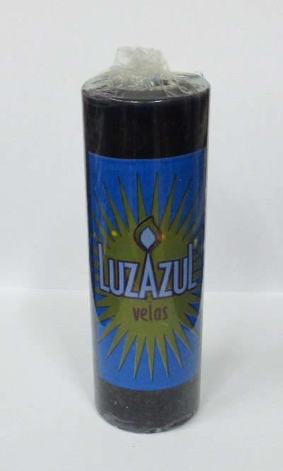 Vela negra cilíndrica com etiqueta azul e texto LU AZUL velas