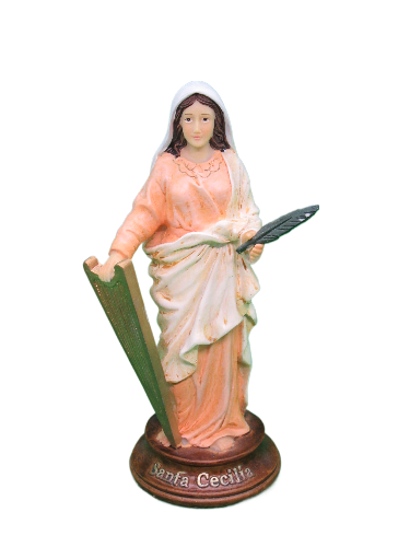 Estátua de Santa Cecília com túnica salmão e manto branco