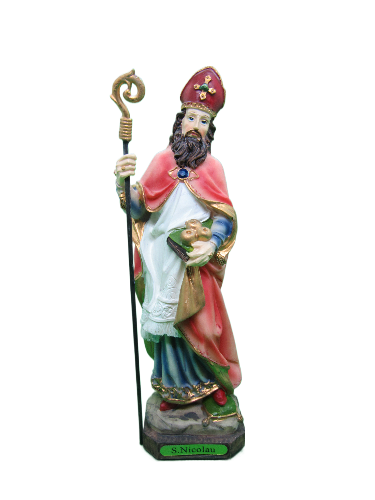 Estátua colorida de S. Nicolau com báculo e bolsa