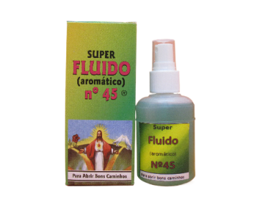Frasco spray e caixa Super Fluido (aromático) Nº 45 verde e amarelo com imagem espiritual