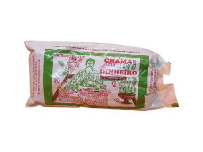 Pacote de incenso CHAMA DINHEIRO com imagem de homem e texto em verde e vermelho