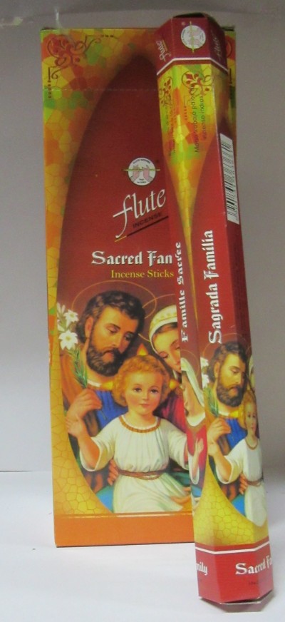 Embalagem de incenso Flute Sagrada Família com imagem religiosa e texto em inglês e português