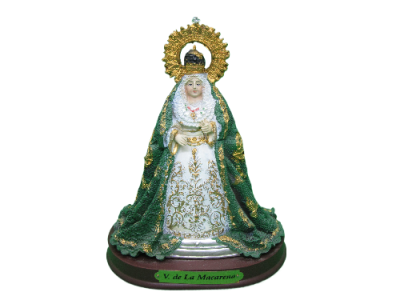 Estátua religiosa de Nossa Senhora com manto verde e vestido branco