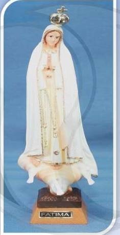 Estatua da Virgem de Fátima com vestido branco e coroa dourada