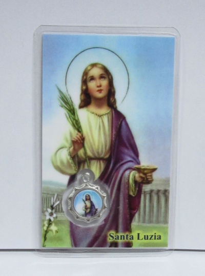 Cartão religioso com imagem de Santa Luzia e uma medalha com a mesma figura