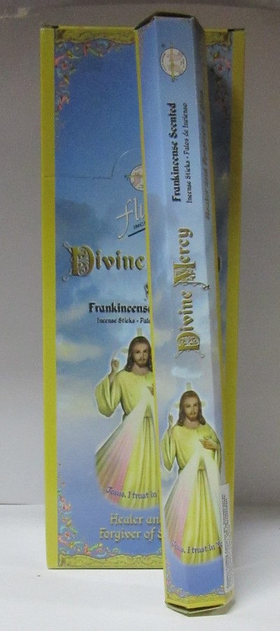 Embalagem azul e amarela de incenso Divine Mercy com imagem de Jesus e texto em inglês