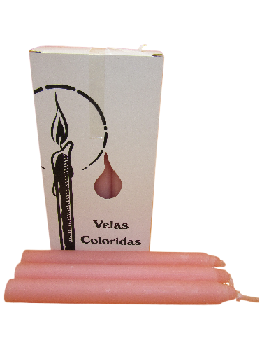 Velas cor-de-rosa junto a caixa branca com ilustração de vela e texto Velas Coloridas