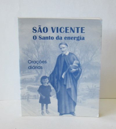 Capa de livro com imagem de São Vicente e criança, texto em azul