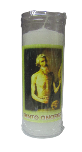Vela branca em vidro com imagem de santo e texto 'SANTO ONOFRE'