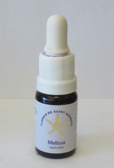 Frasco pequeno com conta-gotas rotulado Melissa Lippia alba