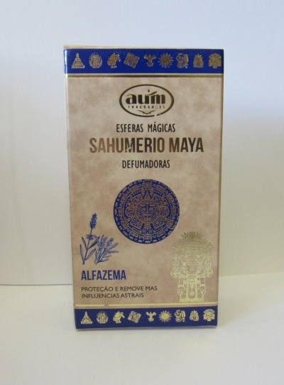Embalagem de sahumerio Maya com detalhes dourados e azuis, texto e símbolos maias.