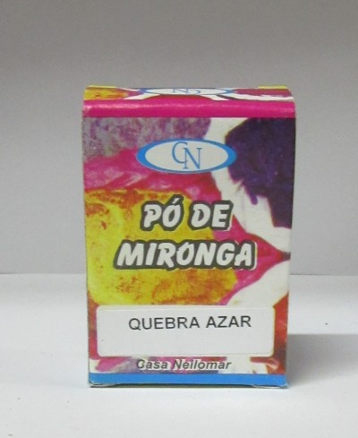 Embalagem colorida de Pó de Mironga com texto QUEBRA AZAR.