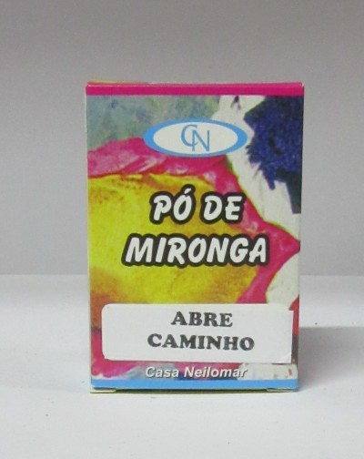 Caixa colorida de Pó de Mironga com texto 'ABRE CAMINHO' em destaque