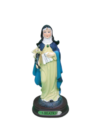 Estátua religiosa de S. Beatriz com manto azul e vestido amarelo