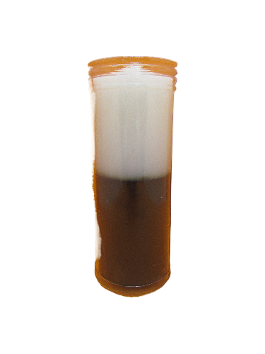 Frasco cilíndrico transparente com tampa alaranjada e conteúdo em duas camadas