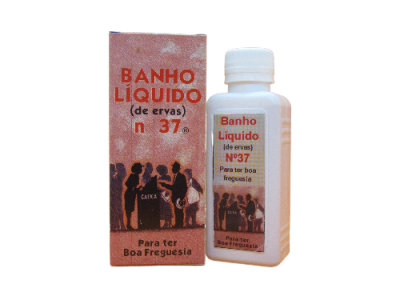Frasco branco e caixa com texto Banho Líquido nº 37 e ilustração de pessoas