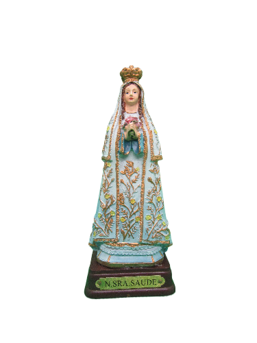 Estátua de Nossa Senhora com manto branco bordado e coroa dourada