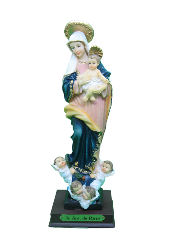 Estátua religiosa de Nossa Senhora do Parto colorida com Virgem, Menino Jesus e anjos numa base preta