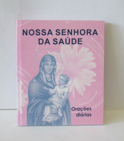 Livro Nossa Senhora da Saúde com capa rosa e padrão floral
