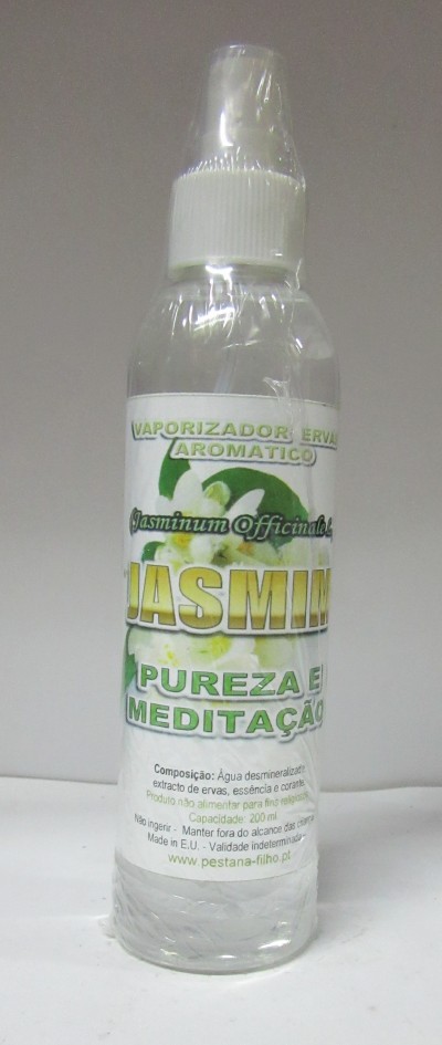 Vaporizador aromático Jasmim em frasco plástico claro com tampa branca e rótulo informativo em português.