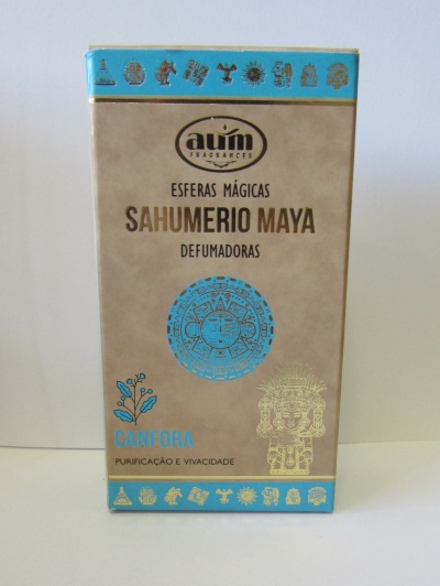 Caixa de Sahumerio Maya da marca auüm com símbolos maias e texto em azul e preto