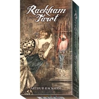 Caixa do baralho Rackham Tarot com ilustração de mulher e papagaio em gaiola