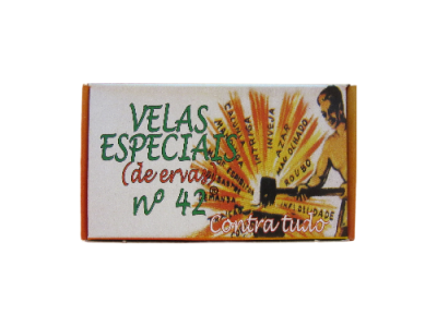 Caixa pequena de velas especiais de ervas com texto e ilustração colorida.